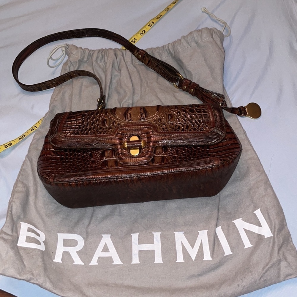 Brahmin Pecan brown leather crossbody shoulder adjustable clutch purse bag